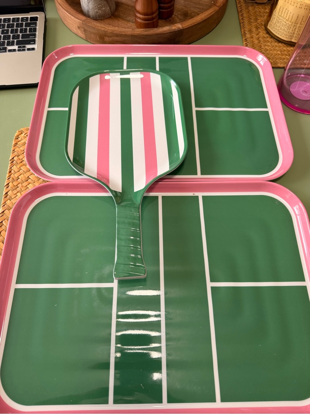 Ashland Green and Pink Tennis Court Melamine Serving Trays with Striped Paddle